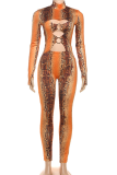 Light Green Sexy Print Hollow Out O Neck Skinny Jumpsuits