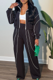 Coffee Casual Stripe Contrast Zipper Collar Long Sleeve Two Pieces