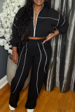 Coffee Casual Stripe Contrast Zipper Collar Long Sleeve Two Pieces