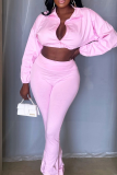 Black Casual Solid Color Zipper Turndown Collar Long Sleeve Two Pieces