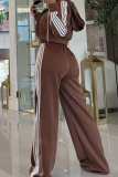 Coffee Casual Solid Color Draw String Turndown Collar Long Sleeve Two Pieces