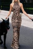 Leopard Print Sexy Leopard Print Ruched Half A Turtleneck Long Dresses