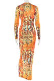Tangerine Red Sexy Print Hollow Out O Neck Long Dresses