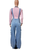 Deep Blue Casual Solid Color Pocket Sleeveless Loose Denim Jumpsuits