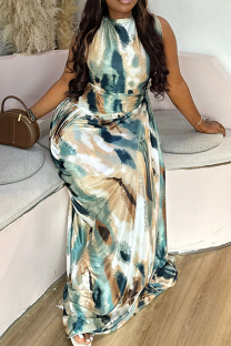 Colour Elegant Print Ruched O Neck Long Dresses