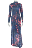Black Red Elegant Print Patchwork Turtleneck Long Dresses