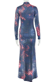 Black Red Elegant Print Patchwork Turtleneck Long Dresses