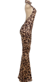 Leopard Print Sexy Leopard Print Ruched Half A Turtleneck Long Dresses