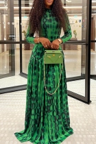 Green Elegant Print Patchwork Turtleneck Long Dresses