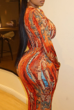 Tangerine Red Sexy Print Hollow Out O Neck Long Dresses