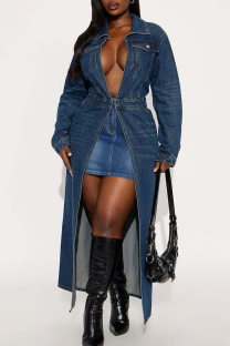 The cowboy blue Casual Solid Color Pocket Turndown Collar Long Sleeve Denim Jacket
