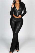 Black Casual Solid Color Zipper Zipper Collar Long Sleeve Two Pieces