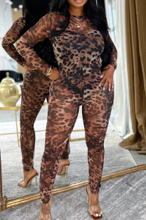 Leopard Print Sexy Leopard Print See-Through O Neck Skinny Jumpsuits