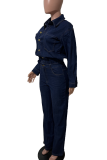 Light Blue Casual Solid Color Buckle Turndown Collar Long Sleeve Regular Denim Jumpsuits
