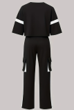 Black Casual Pocket Contrast O Neck Long Sleeve Two Pieces