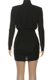 Black Sexy Solid Color Ruched Turtleneck Wrapped Skirt Dresses