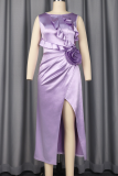 Purple Elegant Solid Color Slit Flounce O Neck Long Dresses