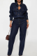 Deep Blue Casual Solid Color Buckle Turndown Collar Long Sleeve Regular Denim Jumpsuits