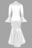 White Elegant Solid Color Hollow Out O Neck Fishtail Dresses