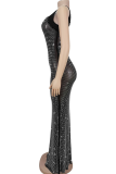 Brownness Sexy Solid Color Hot Drill Spaghetti Strap Wrapped Skirt Dresses