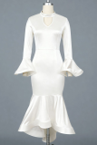 White Elegant Solid Color Hollow Out O Neck Fishtail Dresses