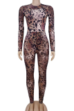 Leopard Print Sexy Leopard Print See-Through O Neck Skinny Jumpsuits