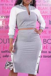 Grey Casual Buckle Contrast Zipper Collar Long Sleeve Two Pieces