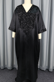 Black Casual Solid Color Sequins V Neck Long Dresses