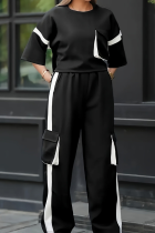 Black Casual Pocket Contrast O Neck Long Sleeve Two Pieces