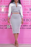 Grey Casual Buckle Contrast Zipper Collar Long Sleeve Two Pieces