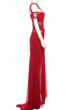 Red Sexy Solid Color Hollow Out O Neck Long Dresses