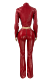 Burgundy Casual Solid Color Zipper Zipper Collar Long Sleeve Two Pieces