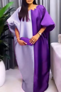 Purple Casual Contrast Asymmetrical Collar Long Dresses