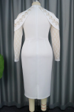 White Elegant Solid Color Lace O Neck Wrapped Skirt Dresses