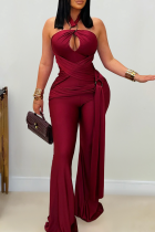 Burgundy Sexy Solid Color Backless Halter Regular Jumpsuits