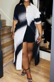 Black And White Casual Print Buckle Turndown Collar Long Dresses