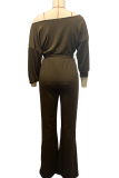 Army Green Casual Solid Color Strap Design Oblique Collar Regular Jumpsuits