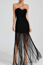 Black Sexy Solid Color Fringed Trim Hot Drill Strapless Strapless Dresses