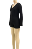 Black Sexy Solid Color Buckle V Neck Skinny Rompers