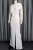 White Elegant Solid Color Slit Flower Shape O Neck Evening Dresses