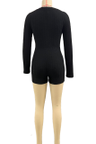 Black Sexy Solid Color Buckle V Neck Skinny Rompers