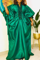Green Casual Solid Color Sequins V Neck Long Dresses