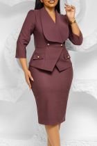 Brown Elegant Solid Color Buttons Turn-back Collar Pencil Skirt Dresses