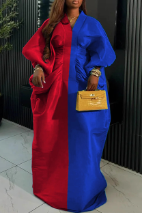 Red Blue Casual Solid Color Ruched V Neck Long Dresses