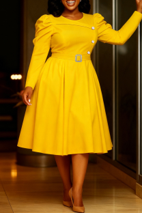 Yellow Elegant Solid Color Buttons O Neck A Line Dresses
