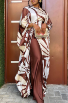 White Brown Casual Stripe Draw String Contrast O Neck Half Sleeve Long Top