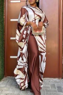 White Brown Casual Stripe Draw String Contrast O Neck Half Sleeve Long Top