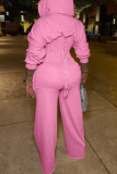 Pink Casual Solid Color Cross Straps Hooded Long Sleeve Two Pieces