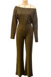 Army Green Casual Solid Color Strap Design Oblique Collar Regular Jumpsuits