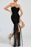 Black Sexy Solid Color Fringed Trim Hot Drill Strapless Strapless Dresses